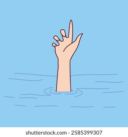 A white man is drowning, raising one hand above the water in distress. The image symbolizes being in trouble, the need for help, and can be used metaphorically for financial issues like bankruptcy 