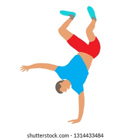 White man energetically dancing. Cheerful strong breakdance dancer doing handstand. Young man dancing. Healthy lifestyle, body care and sport concept. Vector cartoon illustration on white background.