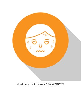 White Man with excessive sweating icon isolated on white background. Orange circle button. Vector Illustration