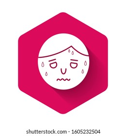 White Man with excessive sweating icon isolated with long shadow. Pink hexagon button. Vector Illustration