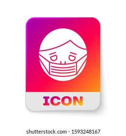 White Man face in a medical protective mask icon isolated on white background. Quarantine. Rectangle color button. Vector Illustration