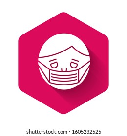 White Man face in a medical protective mask icon isolated with long shadow. Quarantine. Pink hexagon button. Vector Illustration