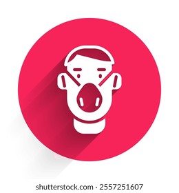 White Man face in a medical protective mask icon isolated with long shadow. Quarantine. Red circle button. Vector