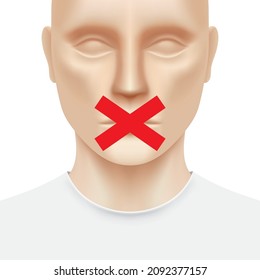 White man face with talking prohibition red cross sign covering the moth. Free speech censorship, concept vector illustration.
