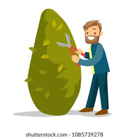A white man gardener cutting a tree with scissors. Tree pruning process. Farming, country, agriculture and gardening concept. Vector cartoon illustration isolated on white background.