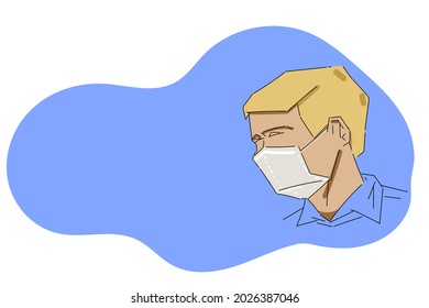 White man with golden hair transparent mask against the covid-19 virus. Isolated on white background. background vector illustration