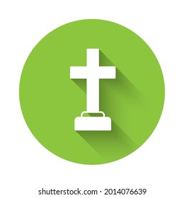 White Man graves funeral sorrow icon isolated with long shadow background. The emotion of grief, sadness, sorrow, death. Green circle button. Vector
