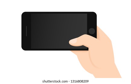 White man hand holding phone horizontally illustration first person view flat design