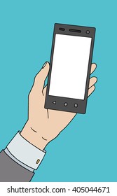 White man hand with smartphone. Nice vector illustration.