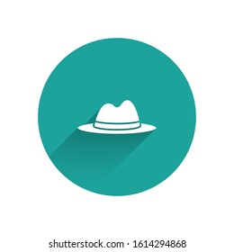 White Man hat with ribbon icon isolated with long shadow. Green circle button. Vector Illustration