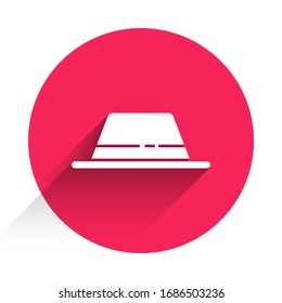 White Man hat with ribbon icon isolated with long shadow. Red circle button. Vector Illustration