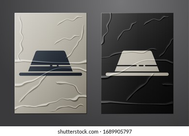 White Man hat with ribbon icon isolated on crumpled paper background. Paper art style. Vector Illustration