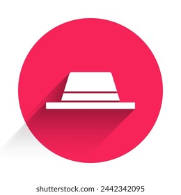 White Man hat with ribbon icon isolated with long shadow. Red circle button. Vector Illustration