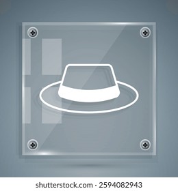 White Man hat with ribbon icon isolated on grey background. Square glass panels. Vector
