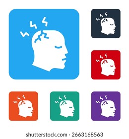 Hombre blanco que tiene dolor de cabeza, icono de migraña aislado sobre fondo blanco. Establezca los íconos en Botones cuadrados de color. Vector