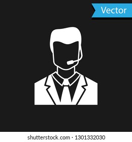 White Man with a headset icon isolated on black background. Support operator in touch. Concept for call center, client support service. Vector Illustration