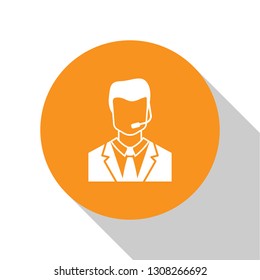 White Man with a headset icon isolated on white background. Support operator in touch. Concept for call center, client support service. Orange circle button. Flat design. Vector Illustration