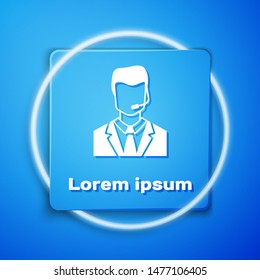 White Man with a headset icon isolated on blue background. Support operator in touch. Concept for call center, client support service. Blue square button. Vector Illustration
