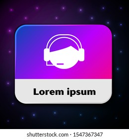 White Man with a headset icon isolated on black background. Support operator in touch. Concept for call center, client support service. Rectangle color button. Vector Illustration