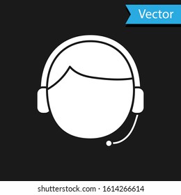 White Man with a headset icon isolated on black background. Support operator in touch. Concept for call center, client support service.  Vector Illustration