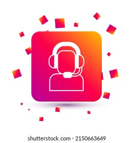 Hombre blanco con un icono de auriculares aislado en fondo blanco. Operador de soporte en contacto. Concepto de centro de llamadas, servicio de soporte al cliente. Botón de color cuadrado. Vector