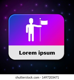 White Man holding flag icon isolated on black background. Rectangle color button. Vector Illustration