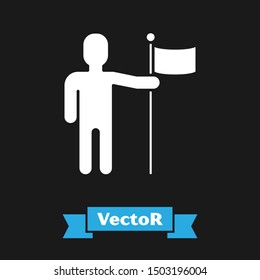 White Man holding flag icon isolated on black background.  Vector Illustration