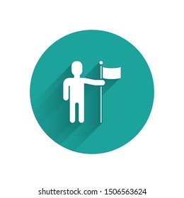 White Man holding flag icon isolated with long shadow. Green circle button. Vector Illustration