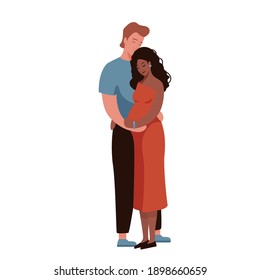 White man hugging and kissing pregnant afro american woman. Happy interracial family couple vector illustration. Husband and wife concept. Isolated on white background.