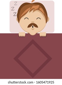 The white man with mustache to fall asleep in bed with red blanket. Vector illustration. Flat design.