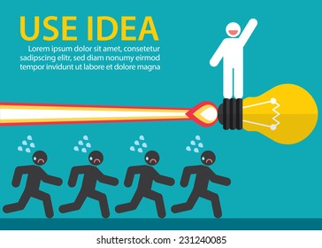 White man on light bulb launch outstanding from crowd. Vector illustration. Use creative idea and different concept. Flat design
