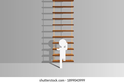 white man on the wooden hanging ladder and light in the white room