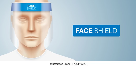 White man with a plastic face shield, standing on a gray gradient background. Closeup shot of a person, with a virus protection mask on his face. Personal protection equipment, vector design.