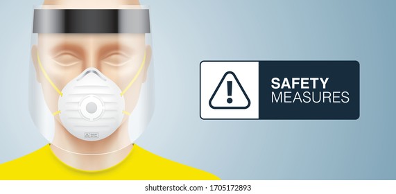 White man with a plastic face shield, wearing N95 surgical mask. Closeup shot of a person, with a virus protection medical equipment on his face. Healthcare banner vector design.
