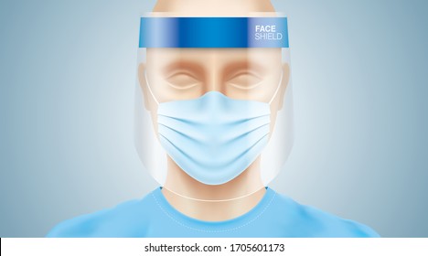 White man with a plastic face shield, wearing a blue surgical mask. Closeup shot of a person, with a virus protection medical equipment on his face. Healthcare banner vector design.