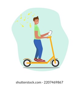 A white man rides an electric scooter and listens to music on headphones. The concept of leisure and recreation. Fight for the environment, electric transport.