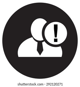 White man silhouette icon with exclamation mark in an information circle, flat design icon in black circle for forums or web