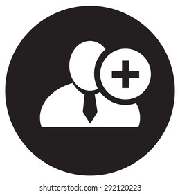 White man silhouette icon with plus sign in an information circle, flat design icon in black circle for forums or web