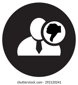 White man silhouette icon with thumb down symbol in an information circle, flat design icon in black circle for forums or web