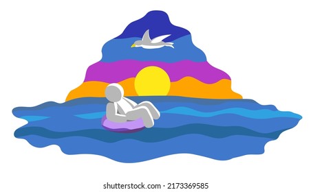 A white man sitting in a pink rubber ring in the blue sea against a sunset with orange, purple and blue colors. A seagull flying over it.