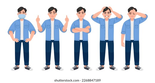 White man stands in a protective mask, dissatisfied, with his arms crossed, in sadness, in anger, holding his head with his hands, pointing at something. A young Chinese man in a blue shirt