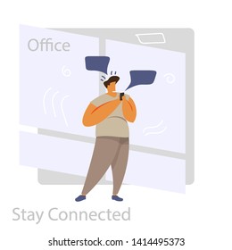 White Man Stay Connected stand Office. Social Network Landing Page Template. Young Man Flat Characters Chatting Using Smartphone Website or Web Page. Virtual Communication Concept. Vector illustration