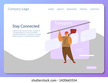 White Man Stay Connected stand Transport. Social Network Landing Page Template. Young Man Flat Characters Chatting use Smartphone Website or Web Page. Virtual Communication banner. Vector illustration