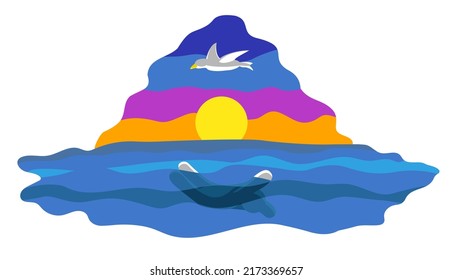A white man swimming underwater in the blue sea against a sunset with orange, purple and blue colors. A seagull flying over it.