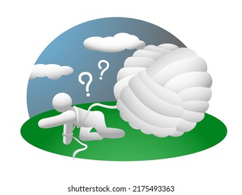 The white man is tangled in threads. A white ball of thread. Symbols question mark above the head. Clouds in t he sky. Vector illustration. Psychological condition doubts.
