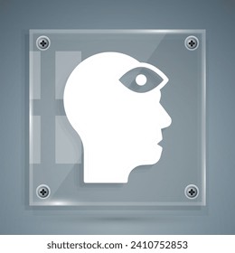 Hombre blanco con un tercer ícono de ojo aislado en fondo gris. El concepto de meditación, visión de energía, aura. Paneles de vidrio cuadrado. Vector