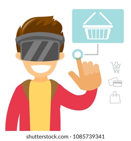 A white man in virtual reality headset doing online shopping. Concept of virtual reality technology, technology development and ecommerce. Vector cartoon illustration isolated on white background.