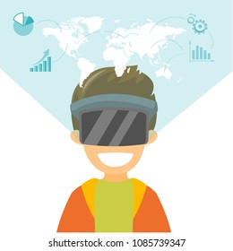 A white man in virtual reality headset with a map and data projected. Concept of virtual reality technology, and future technology development. Vector cartoon illustration isolated on white background