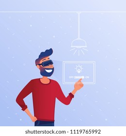 A white man in VR headset with virtual hud interface elements symbolizing virtual reality smart home control. Concept of modern housing operated by virtual reality tools. Vector flat illustration.