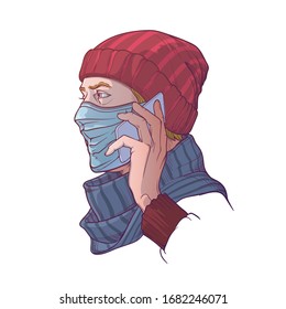 White man wearing medical protection face mask and speaking on the phone. Consider social distancing as a protectionagainst covid-19. Painted sketch, isolated on a white background. EPS10 vector.